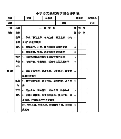 小学语文课堂教学综合评价表