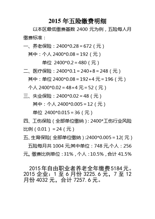 2015年五险缴费明细