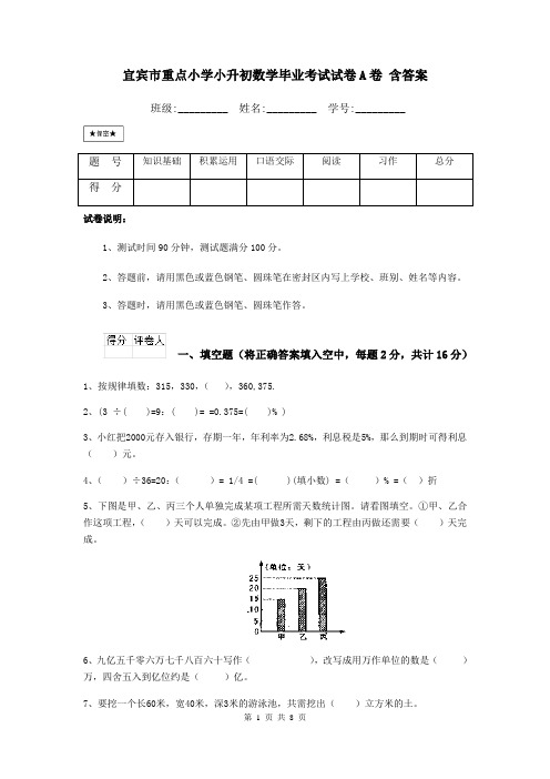 宜宾市重点小学小升初数学毕业考试试卷A卷 含答案