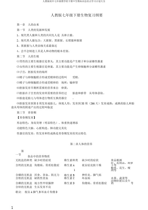 人教版初中七年级教学的下册--生物知识总结点学习计划大全