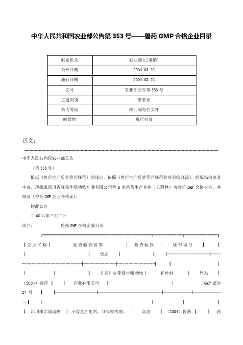 中华人民共和国农业部公告第353号——兽药GMP合格企业目录-农业部公告第353号