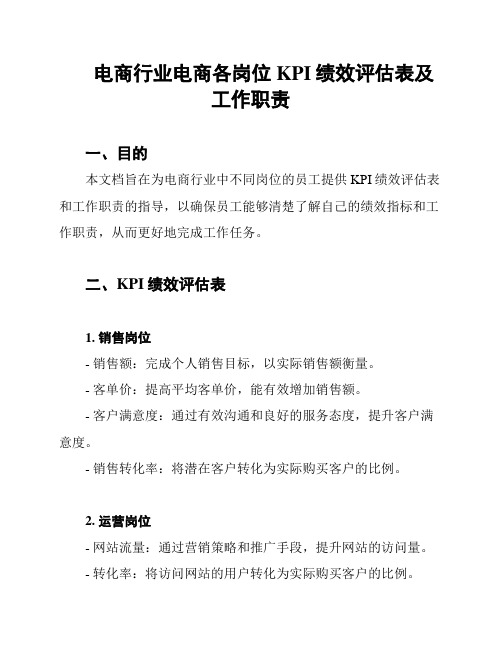 电商行业电商各岗位KPI绩效评估表及工作职责