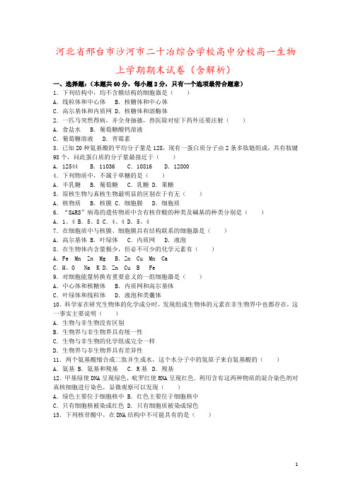 河北省邢台市沙河市二十冶综合学校高中分校高一生物上学期期末试卷(含解析)