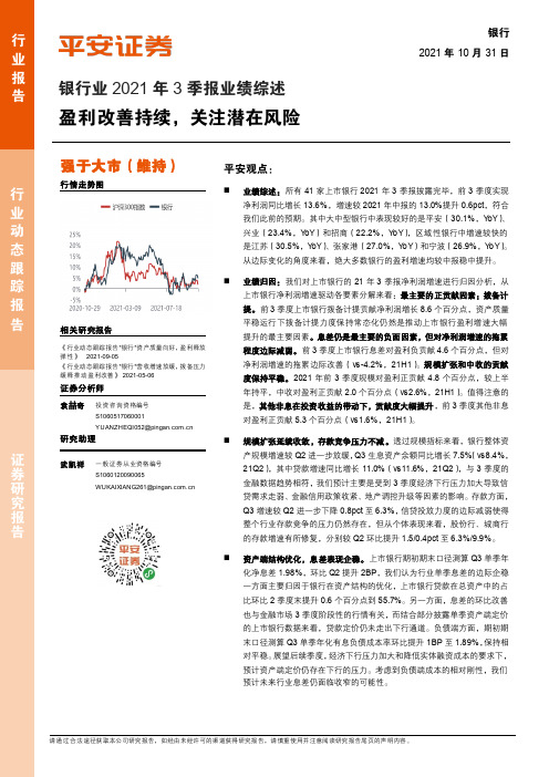 银行业2021年3季报业绩综述：盈利改善持续，关注潜在风险