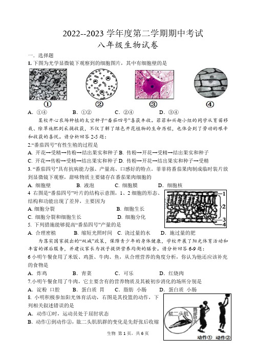 江苏省淮安市开明中学2022-2023学年八年级下学期期中生物试题