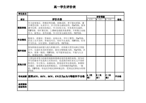 高一学生学习评价表