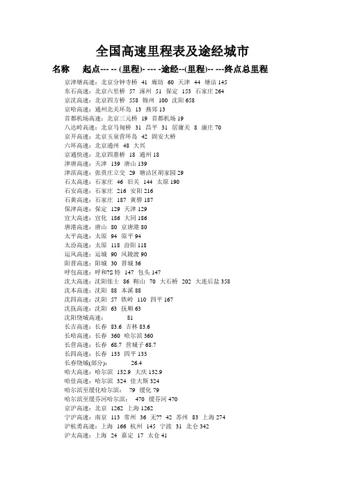 全国高速里程表及途经城市