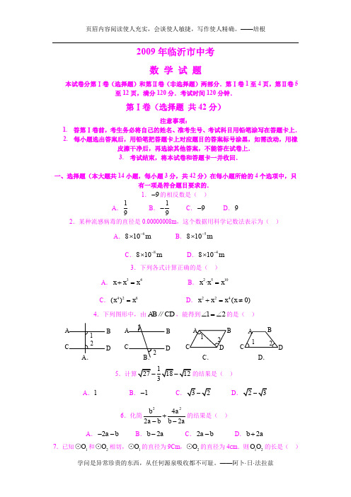 2009年山东省临沂市中考数学试题及答案(word版)