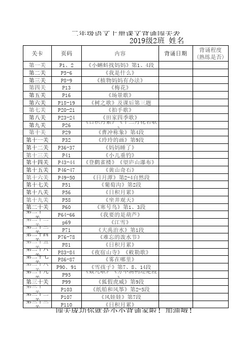 部编版二年级语文上册课文背诵闯关表