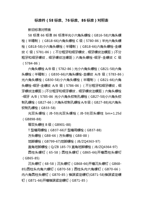 标准件（58标准、76标准、86标准）对照表