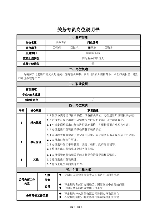 国际业务部-关务专员-岗位说明书