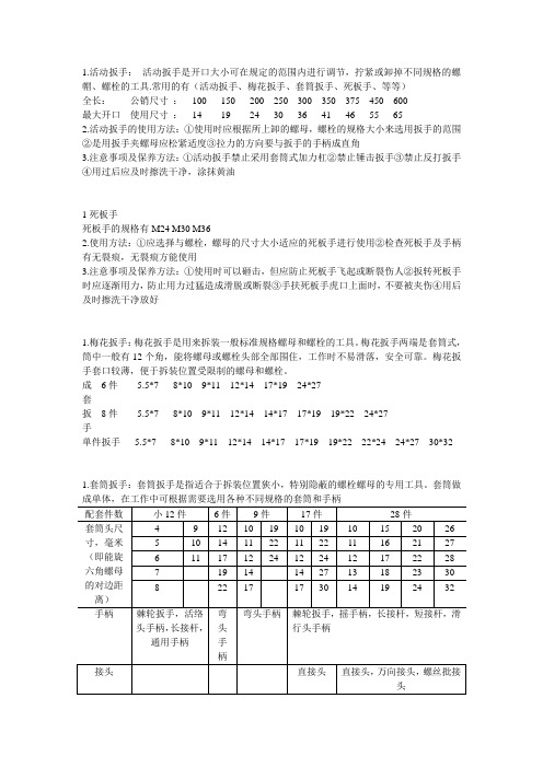 工具型号及用途