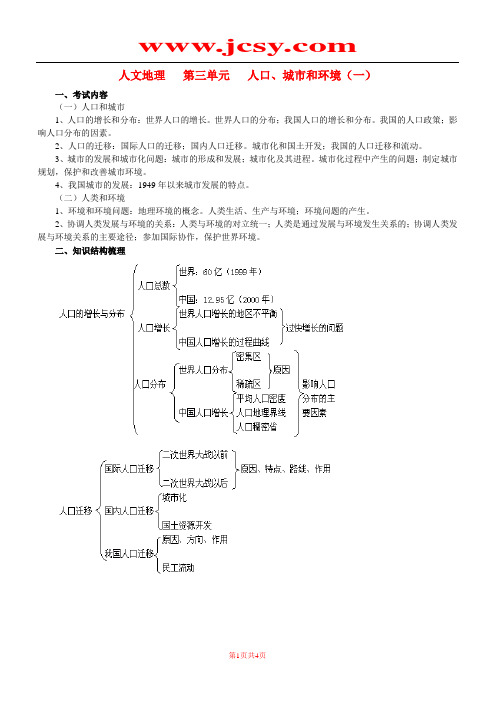 高三地理 人文地理  第三单元  人口、城市和环境(一) 单元复习