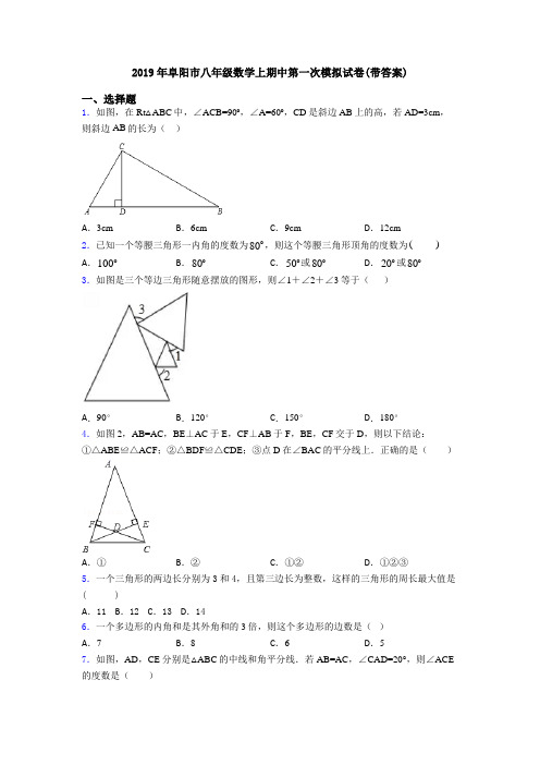 2019年阜阳市八年级数学上期中第一次模拟试卷(带答案)