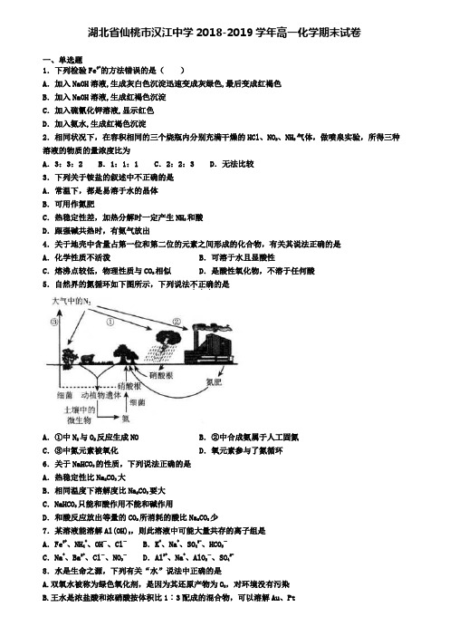 湖北省仙桃市汉江中学2018-2019学年高一化学期末试卷