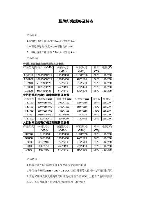 超薄灯箱规格及特点