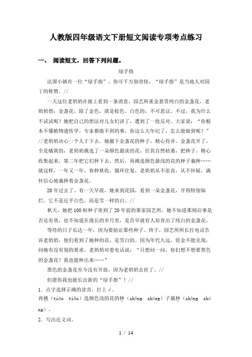 人教版四年级语文下册短文阅读专项考点练习