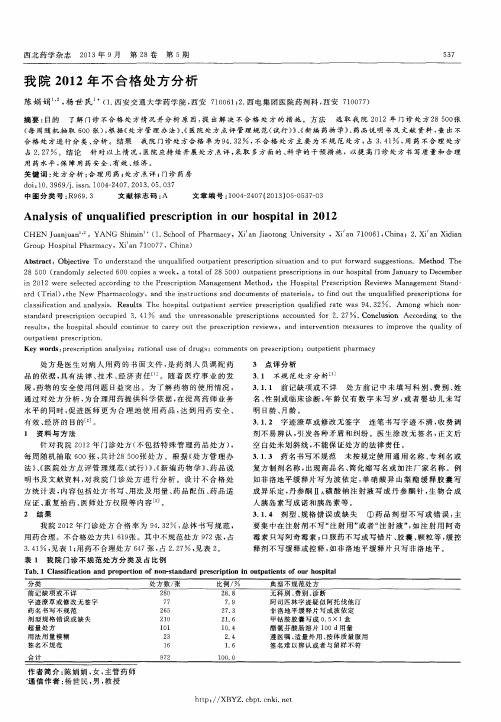 我院2012年不合格处方分析