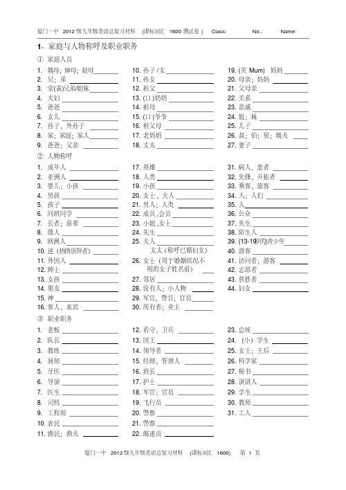 中考英语1600标准词汇分类速记表-测试卷(整理中)分析