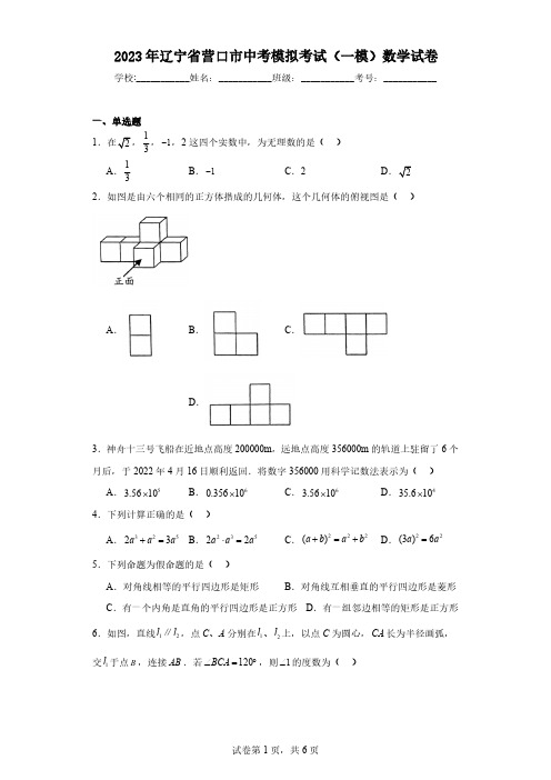 2023年辽宁省营口市中考模拟考试(一模)数学试卷(含解析)