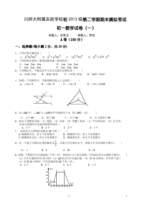 川师大附属实验学校2013级第二学期期末摸拟考试初一数学试卷一及答案