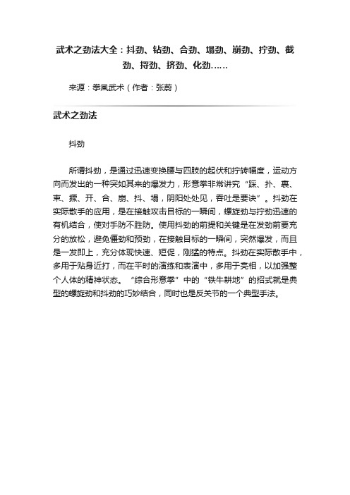 武术之劲法大全：抖劲、钻劲、合劲、塌劲、崩劲、拧劲、截劲、捋劲、挤劲、化劲……