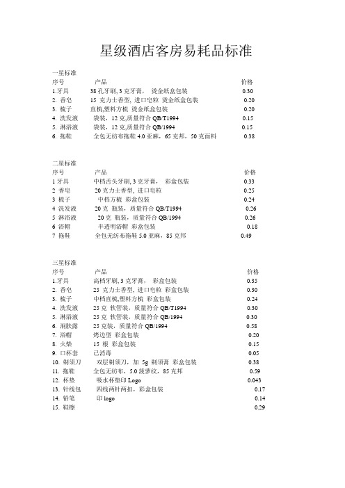 星级酒店客房易耗品标准