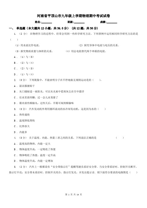 河南省平顶山市九年级上学期物理期中考试试卷