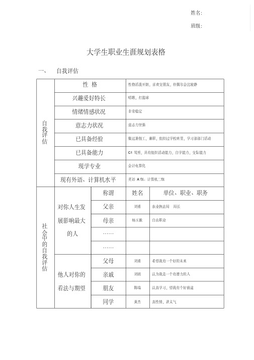 大学生职业生涯规划表格