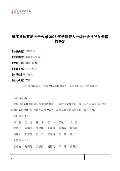 浙江省体育局关于公布2006年杨炯等人一级社会指导员资格的决定