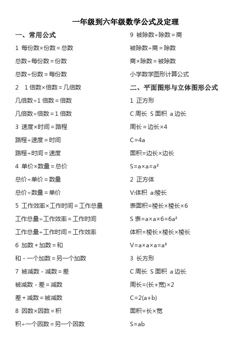 一年级到六年级数学公式及定理