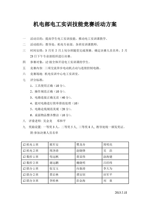 机电部电工实训技能竞赛活动方案