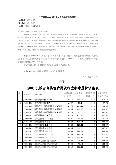 桂造价[2009]15号关于调整2005部分机械台班参考基价的通知