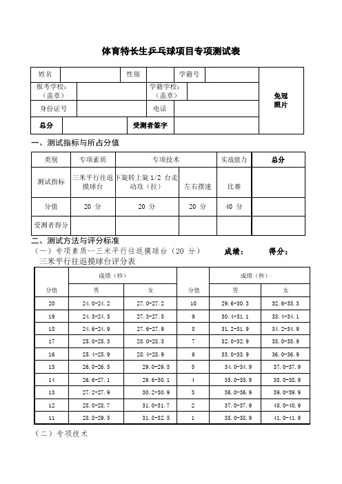 体育特长生乒乓球项目专项测试表