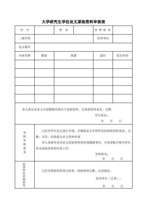 大学研究生学位论文原始资料审核表