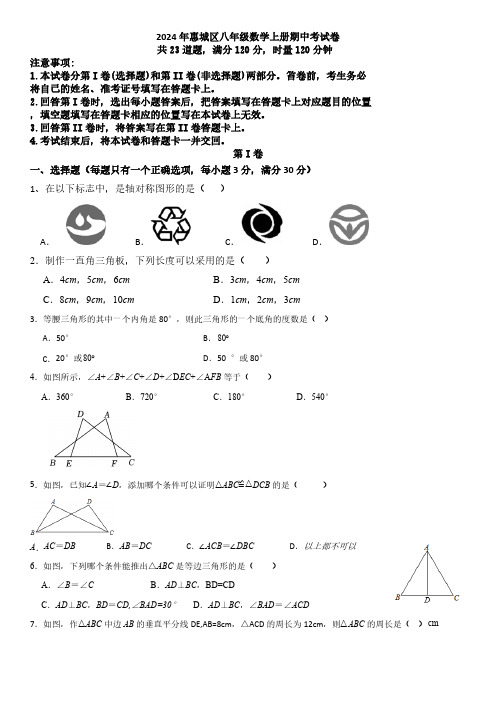 广东省惠州市惠城区2024-2025学年八年级数学上学期数学期中试卷(无答案)