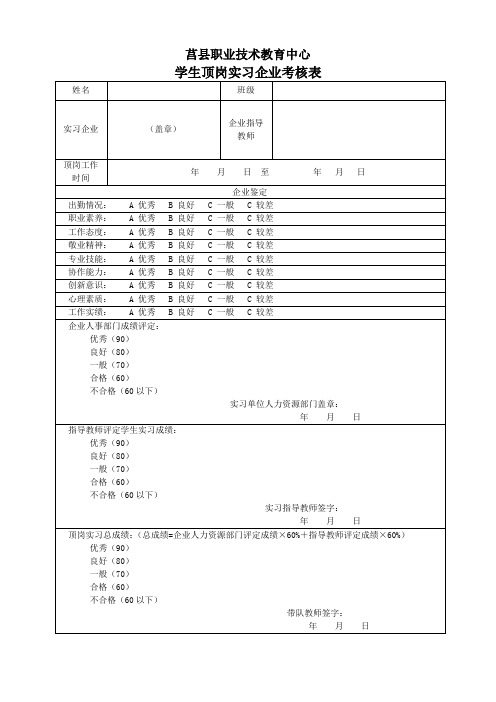 顶岗实习企业考核表