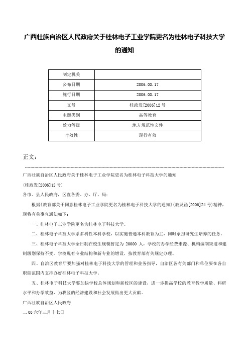 广西壮族自治区人民政府关于桂林电子工业学院更名为桂林电子科技大学的通知-桂政发[2006]12号