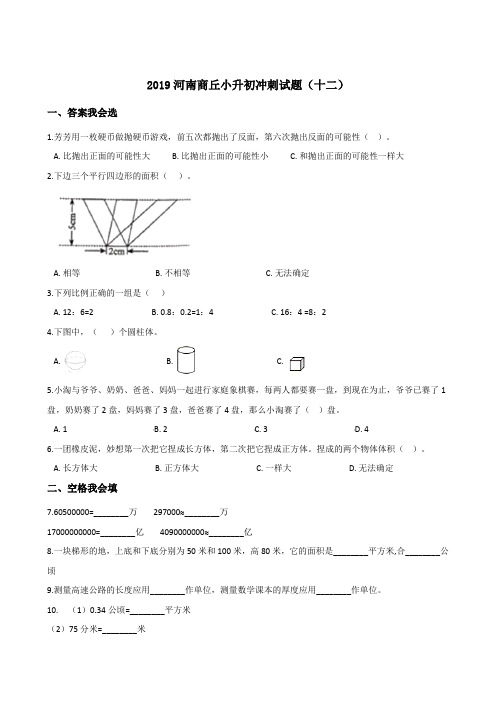 六年级下册数学试题--2019河南商丘小升初冲刺试题(十二) 人教新课标(2014秋) 含答案