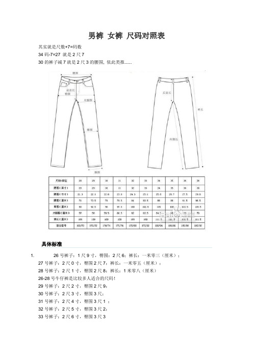 男裤 女裤 尺码对照表