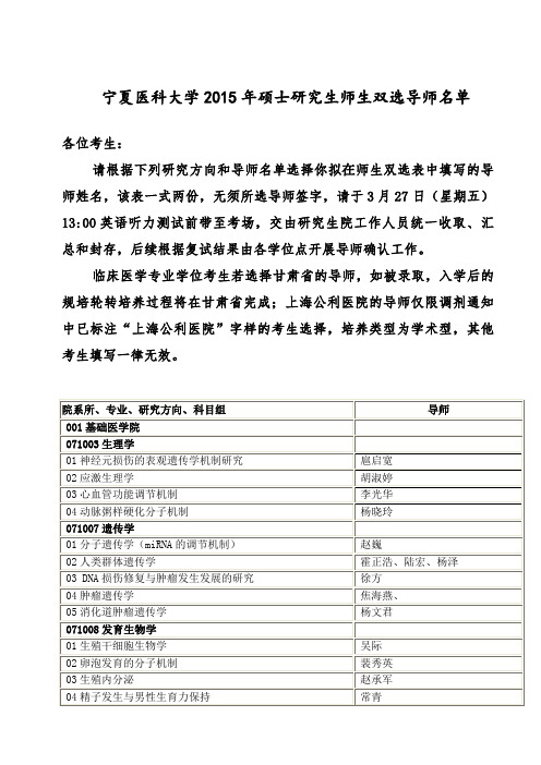 (发布)宁夏医科大学2015年硕士研究生师生双选导师名单