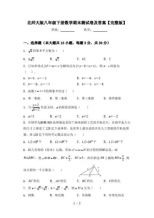 北师大版八年级下册数学期末测试卷及答案【完整版】