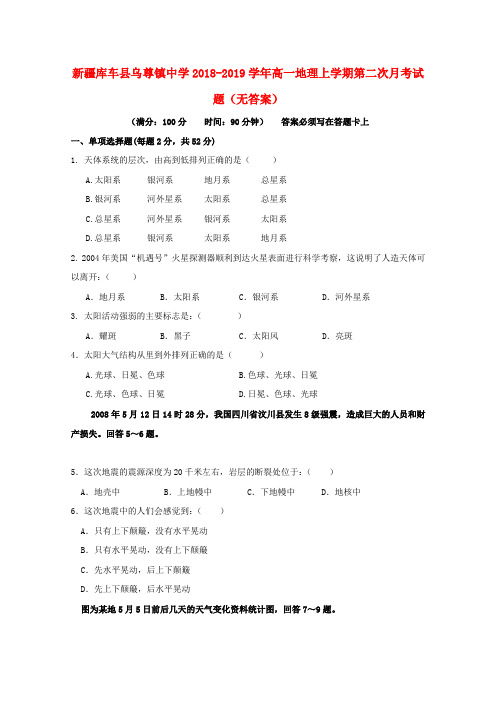 新疆库车县乌尊镇中学2018-2019学年高一地理上学期第二次月考试题(无答案)