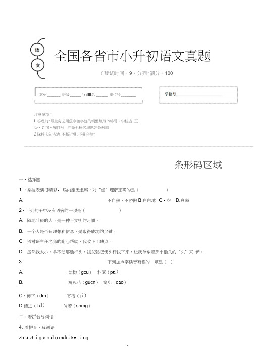 【小升初】2020年湖北省武汉市小升初语文毕业会考试题含答案(全网唯一)