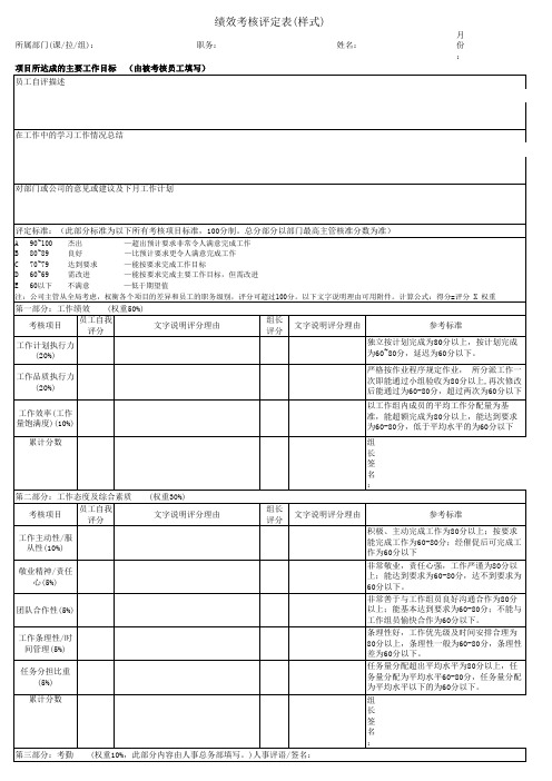 员工绩效考核评定表