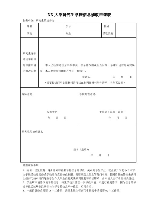 大学研究生学籍信息修改申请表