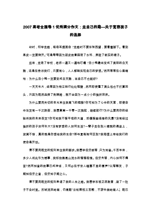 2007高考全国卷1优秀满分作文：走自己的路—关于宽容孩子的选择_议论文