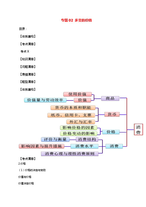 2020年高考政治一轮复习之《经济生活》考点清单专题二：多变的价格(讲义)