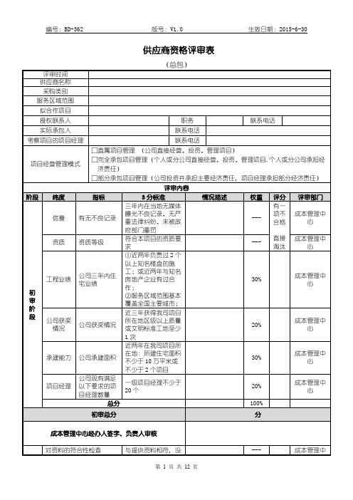 招标 采购 供应商资格评审表