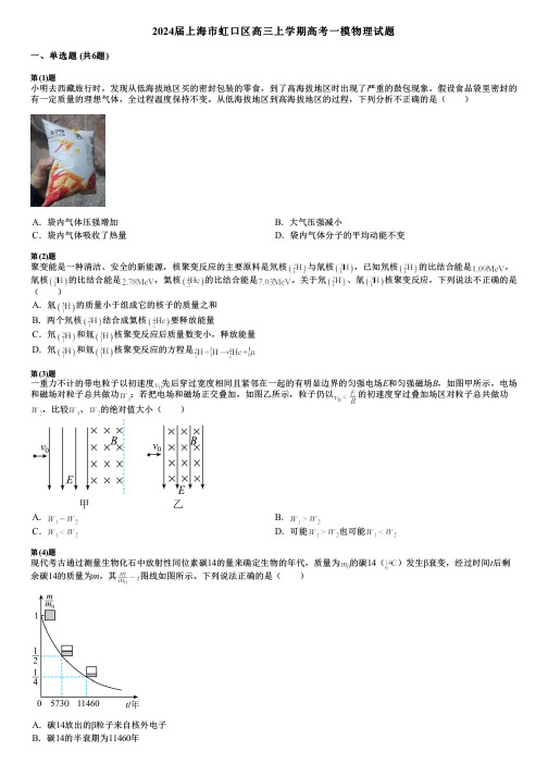 2024届上海市虹口区高三上学期高考一模物理试题